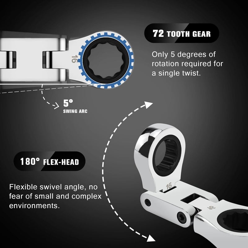 LOSCHEN 5-Piece Flex-Head Stubby Ratcheting Combination Wrench Set, Mini Wrench Set, Double Box End Flex-Head, Mini Spanner Set, Metric 8 10 12 13 14 15 16 17 18 19mm, 72-Teeth, CR-V Steel - Image 4